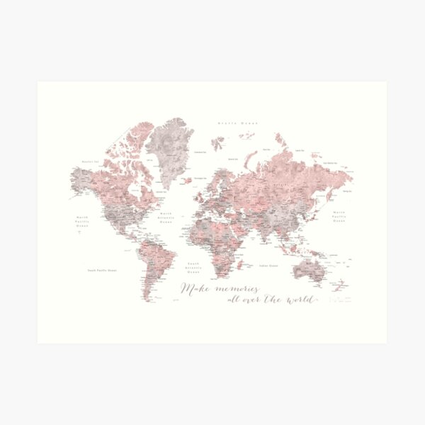 Make memories - world map in dusty pink and grey watercolor Art Print