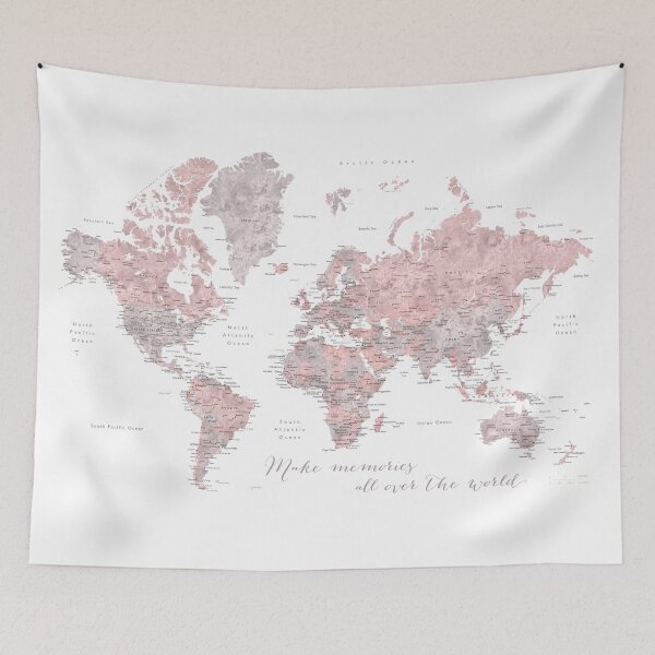 Item preview, Make memories - world map in dusty pink and grey watercolor designed and sold by blursbyai.