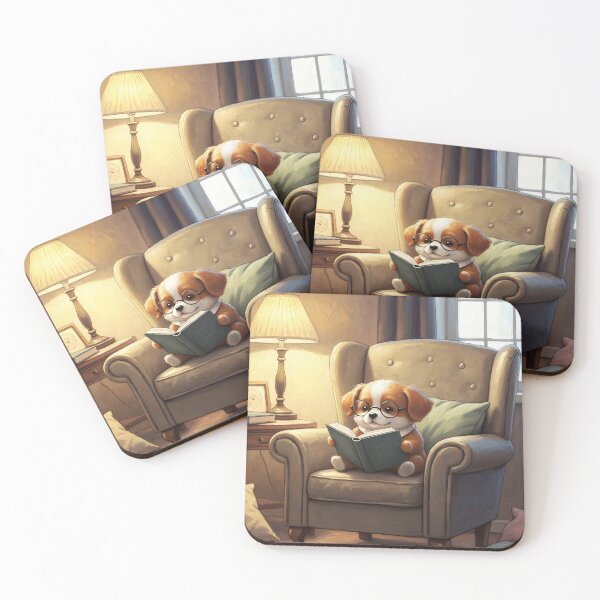 Item preview, Kawaii Dog Reading in Cozy Armchair - Adorable Book Lover Design | Illustration designed and sold by Pineapple And Cherries.