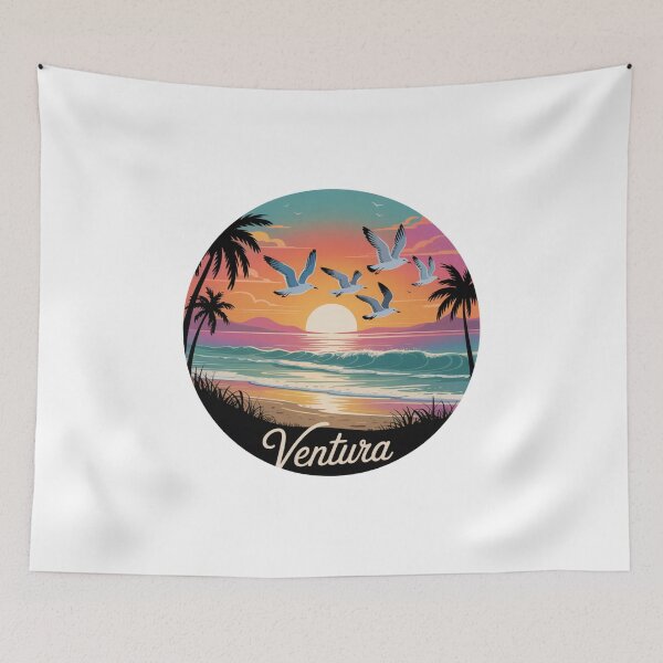 Item preview, Ventura California Sunset Art – Coastal Beach Scene with Seagulls, Palms & Waves designed and sold by CircinusStore.