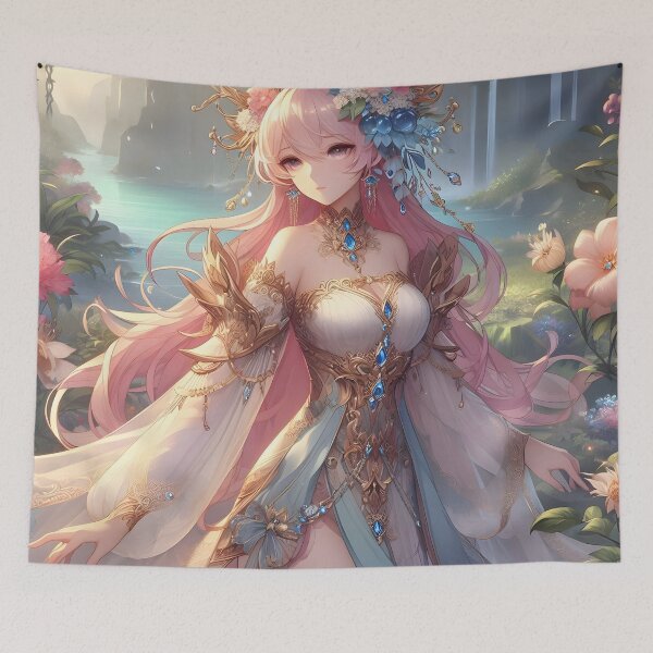Item preview, Enchanting Fantasy Woman with Pink Hair and Floral Crown designed and sold by PandaTShirtShop.