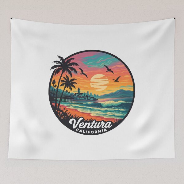 Item preview, Ventura California Retro Sunset Art – Coastal Beach Landscape, Pier and Seagulls Illustration designed and sold by CircinusStore.