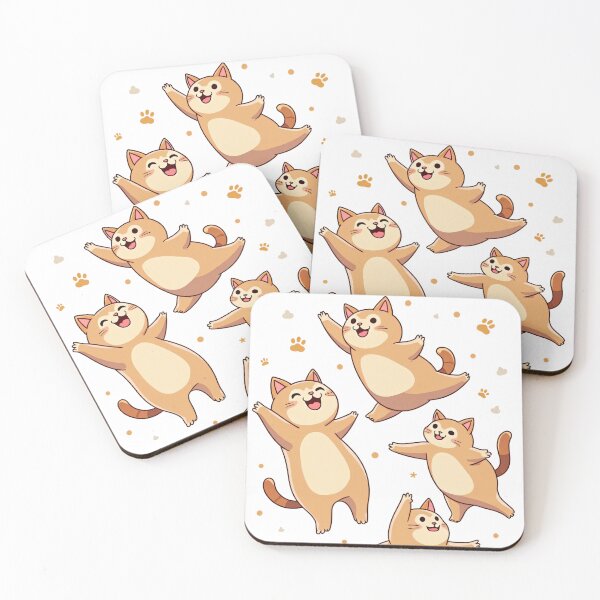 Item preview, Four Playful Chubby Cats Jumping Happily Surrounded by Paw Prints and Stars with Joyful Expressions designed and sold by Mimoshi ⭐⭐⭐⭐⭐.