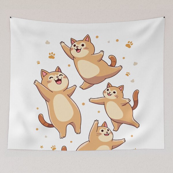 Item preview, Four Playful Chubby Cats Jumping Happily Surrounded by Paw Prints and Stars with Joyful Expressions designed and sold by Mimoshi ⭐⭐⭐⭐⭐.