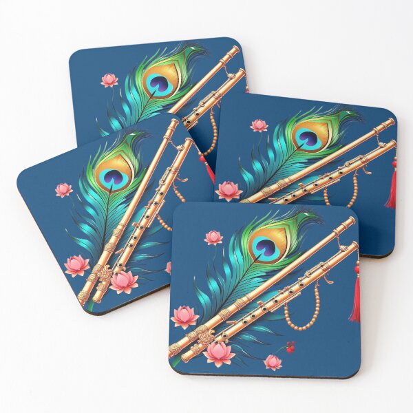 Item preview, Shree Krishna's Golden Flutes with Peacock Feather & Lotus Flowers - Janamashtmi designed and sold by ArtivaNest.