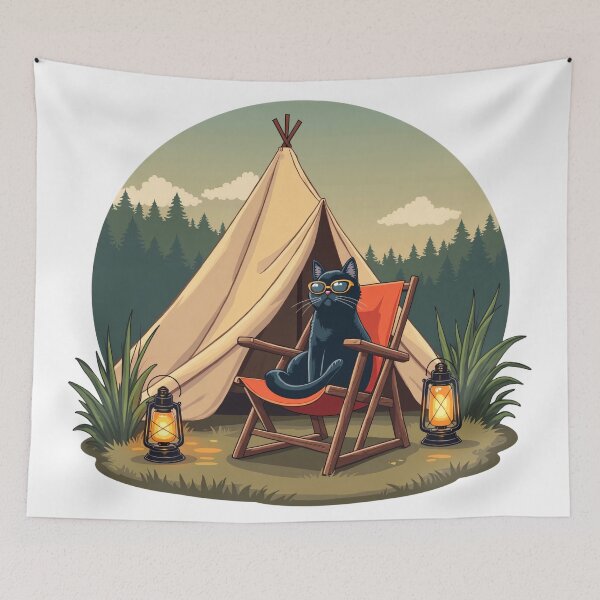 Item preview, Black Cat Wearing Sunglasses Sitting Comfortably Beside Lanterns in Pine Forest Mountains Outdoor Adventure Evening Glow designed and sold by Mimoshi ⭐⭐⭐⭐⭐.