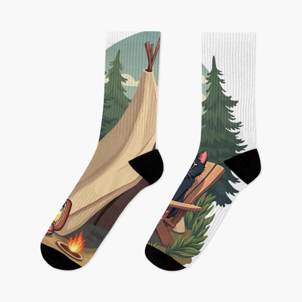 Item preview, Black Cat Relaxing at Campsite with Lantern, Campfire, Pine Trees, Mountains, Sunglasses, Cozy Outdoor Adventure designed and sold by Mimoshi ⭐⭐⭐⭐⭐.