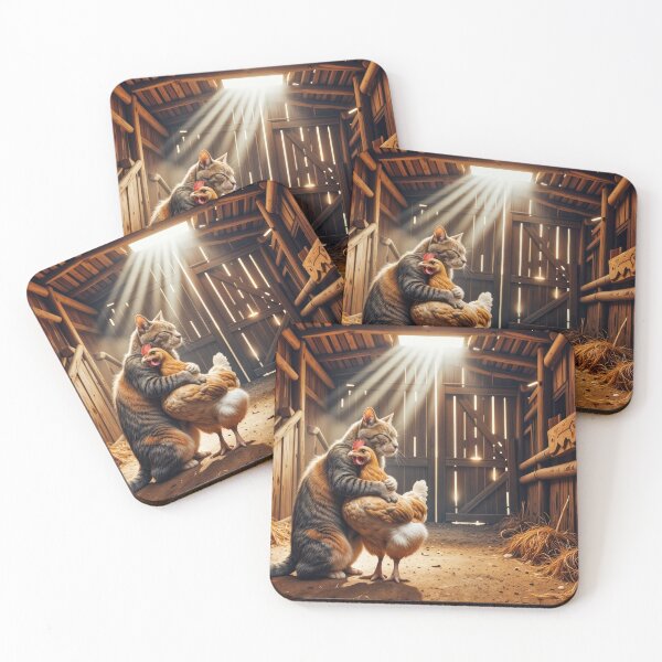 Item preview, Tabby Cat Hugging a Farm Chicken In a Barn designed and sold by Maria Dryfhout.