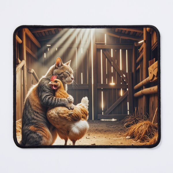 Item preview, Tabby Cat Hugging a Farm Chicken In a Barn designed and sold by Maria Dryfhout.