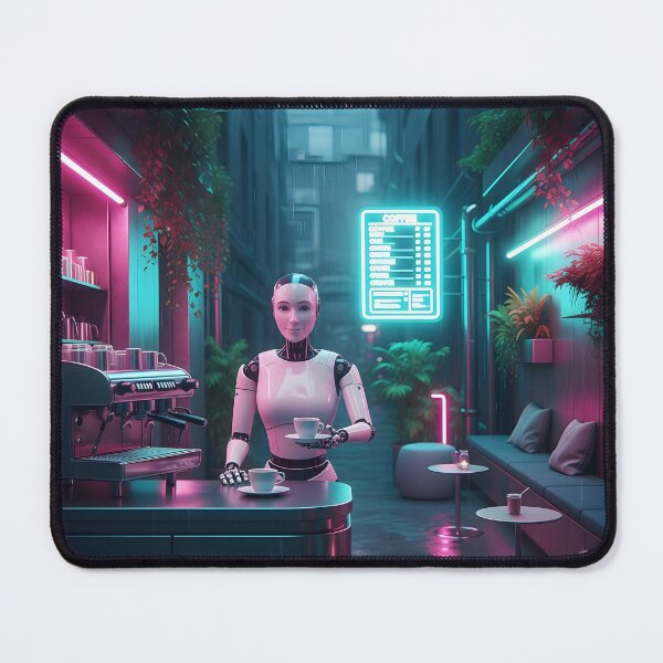 Item preview, Android Barista — Neon Café Scene with Humanoid Robot designed and sold by WhisperFrame.