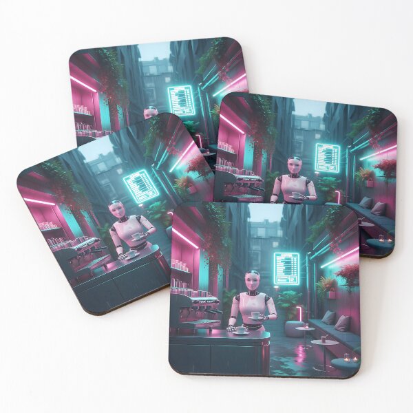 Item preview, Android Barista — Neon Café Scene with Humanoid Robot designed and sold by WhisperFrame.
