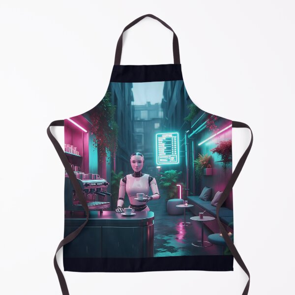 Item preview, Android Barista — Neon Café Scene with Humanoid Robot designed and sold by WhisperFrame.