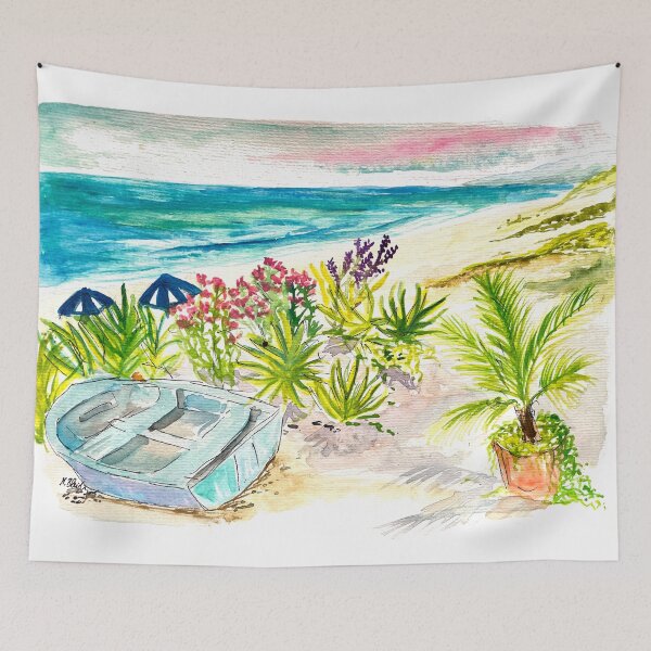 Item preview, Boat under Agaves at a Mediterranean Beach Morning of Ferragosto designed and sold by artshop77.