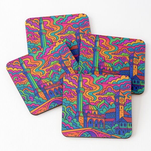 Artikelvorschau, Psychedelisches Stadtbild von Gjakova | Farbenfrohes Retro-Reiseposter aus dem Kosovo | Trippy historische und urbane Wandkunst | Surreale Basar- und Stadtillustration | Lebendiges böhmisches Kunstwerk entworfen und verkauft von PaintedPixels01.