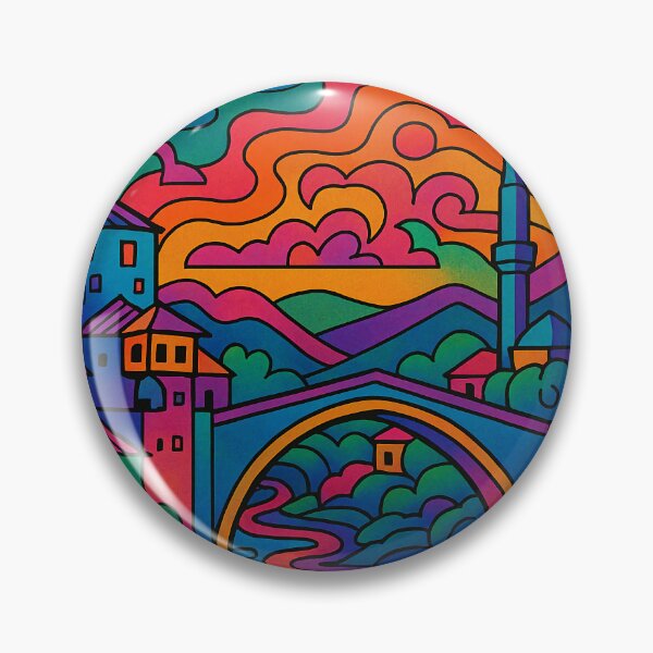 Item preview, Psychedelic Cityscape of Mostar | Colorful Retro Bosnia Travel Poster | Trippy Historic Old Bridge & Urban Wall Art | Surreal Neretva River Illustration | Vibrant Bohemian Artwork designed and sold by PaintedPixels01.