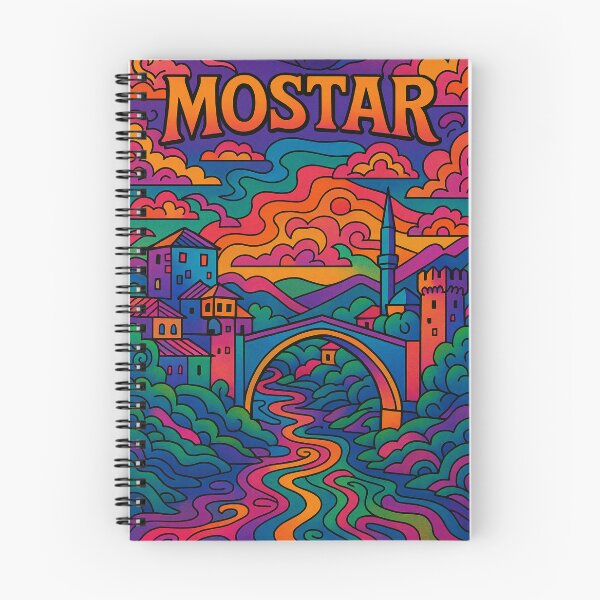 Item preview, Psychedelic Cityscape of Mostar | Colorful Retro Bosnia Travel Poster | Trippy Historic Old Bridge & Urban Wall Art | Surreal Neretva River Illustration | Vibrant Bohemian Artwork designed and sold by PaintedPixels01.