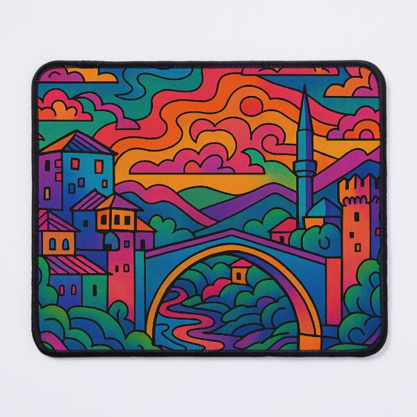 Item preview, Psychedelic Cityscape of Mostar | Colorful Retro Bosnia Travel Poster | Trippy Historic Old Bridge & Urban Wall Art | Surreal Neretva River Illustration | Vibrant Bohemian Artwork designed and sold by PaintedPixels01.
