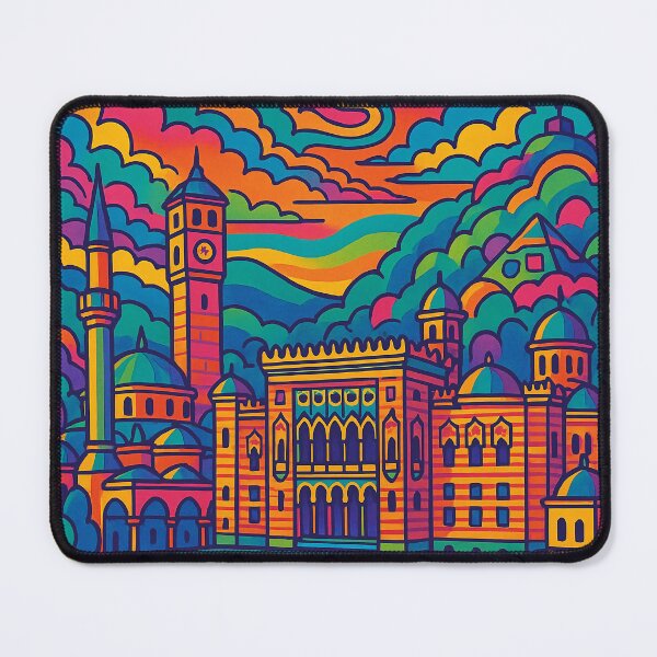 Item preview, Psychedelic Cityscape of Sarajevo | Colorful Retro Bosnia Travel Poster | Trippy Historic & Urban Wall Art | Surreal Baščaršija & City Illustration | Vibrant Bohemian Artwork designed and sold by PaintedPixels01.