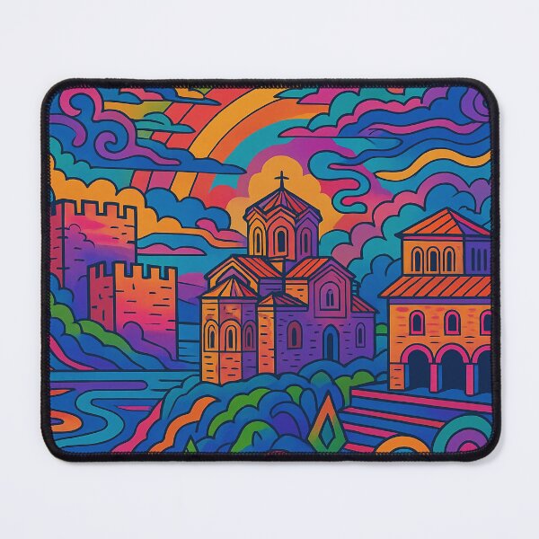 Item preview, Psychedelic Cityscape of Ohrid | Colorful Retro North Macedonia Travel Poster | Trippy Lake & Historic Wall Art | Surreal Old Town & Church Illustration | Vibrant Bohemian Artwork designed and sold by PaintedPixels01.