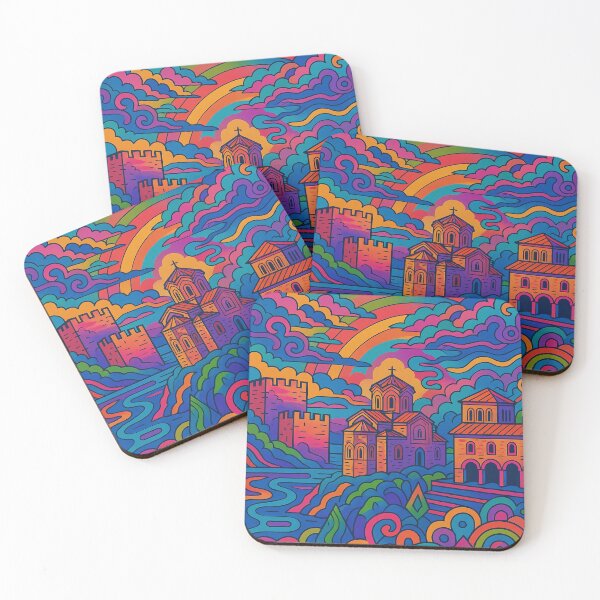 Item preview, Psychedelic Cityscape of Ohrid | Colorful Retro North Macedonia Travel Poster | Trippy Lake & Historic Wall Art | Surreal Old Town & Church Illustration | Vibrant Bohemian Artwork designed and sold by PaintedPixels01.