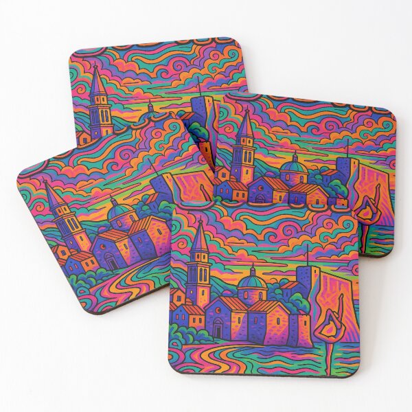 Item preview, Psychedelic Cityscape of Budva | Colorful Retro Montenegro Travel Poster | Trippy Coastal & Historic Wall Art | Surreal Old Town & Adriatic Sea Illustration | Vibrant Bohemian Artwork designed and sold by PaintedPixels01.