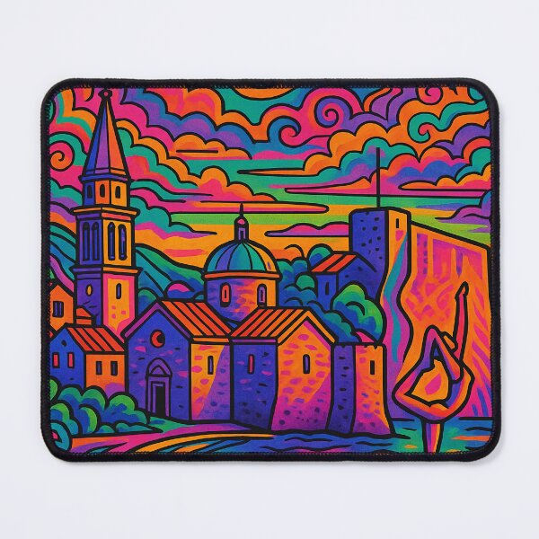 Item preview, Psychedelic Cityscape of Budva | Colorful Retro Montenegro Travel Poster | Trippy Coastal & Historic Wall Art | Surreal Old Town & Adriatic Sea Illustration | Vibrant Bohemian Artwork designed and sold by PaintedPixels01.