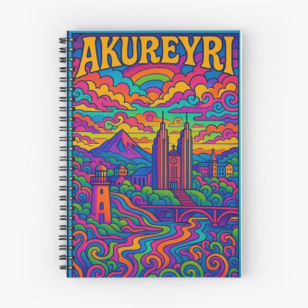 Item preview, Psychedelic Cityscape of Akureyri | Colorful Retro Iceland Travel Poster | Trippy Coastal & Urban Wall Art | Surreal Fjord & Church Illustration | Vibrant Bohemian Artwork designed and sold by PaintedPixels01.