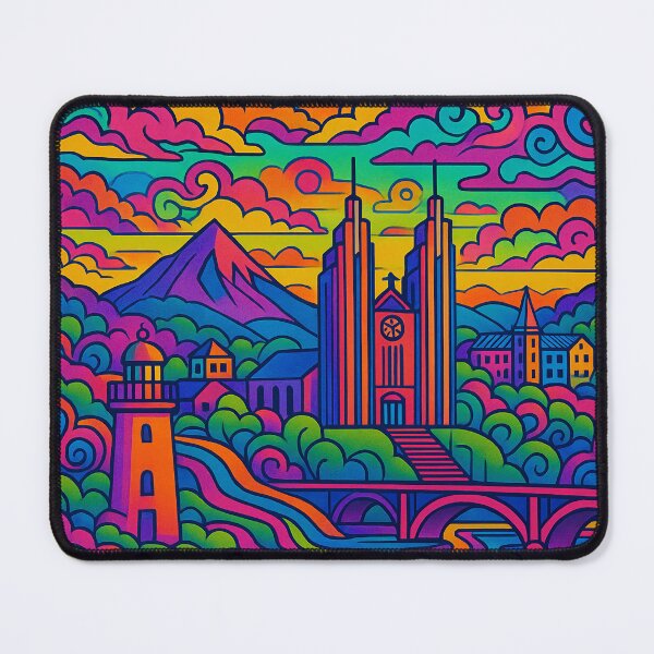 Item preview, Psychedelic Cityscape of Akureyri | Colorful Retro Iceland Travel Poster | Trippy Coastal & Urban Wall Art | Surreal Fjord & Church Illustration | Vibrant Bohemian Artwork designed and sold by PaintedPixels01.
