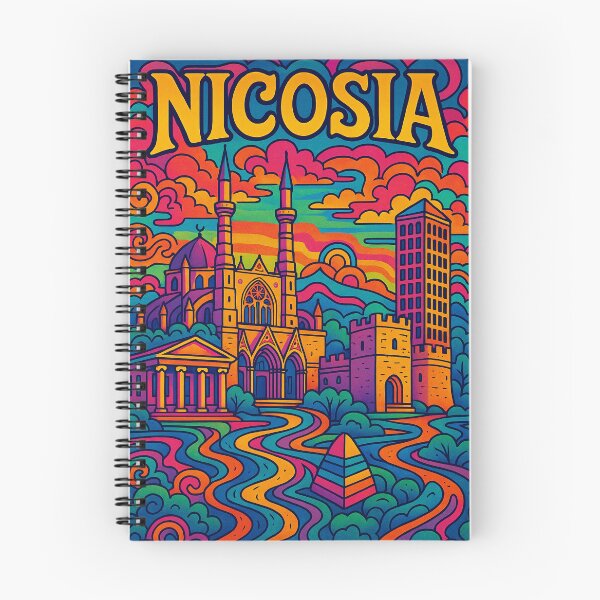 Artikelvorschau, Psychedelisches Stadtbild von Nikosia | Farbenfrohes Retro-Reiseposter aus Zypern | Trippy urbane und historische Wandkunst | Surreale Illustration der Altstadt, venezianischer Mauern und Wahrzeichen | Lebendiges böhmisches Kunstwerk entworfen und verkauft von PaintedPixels01.