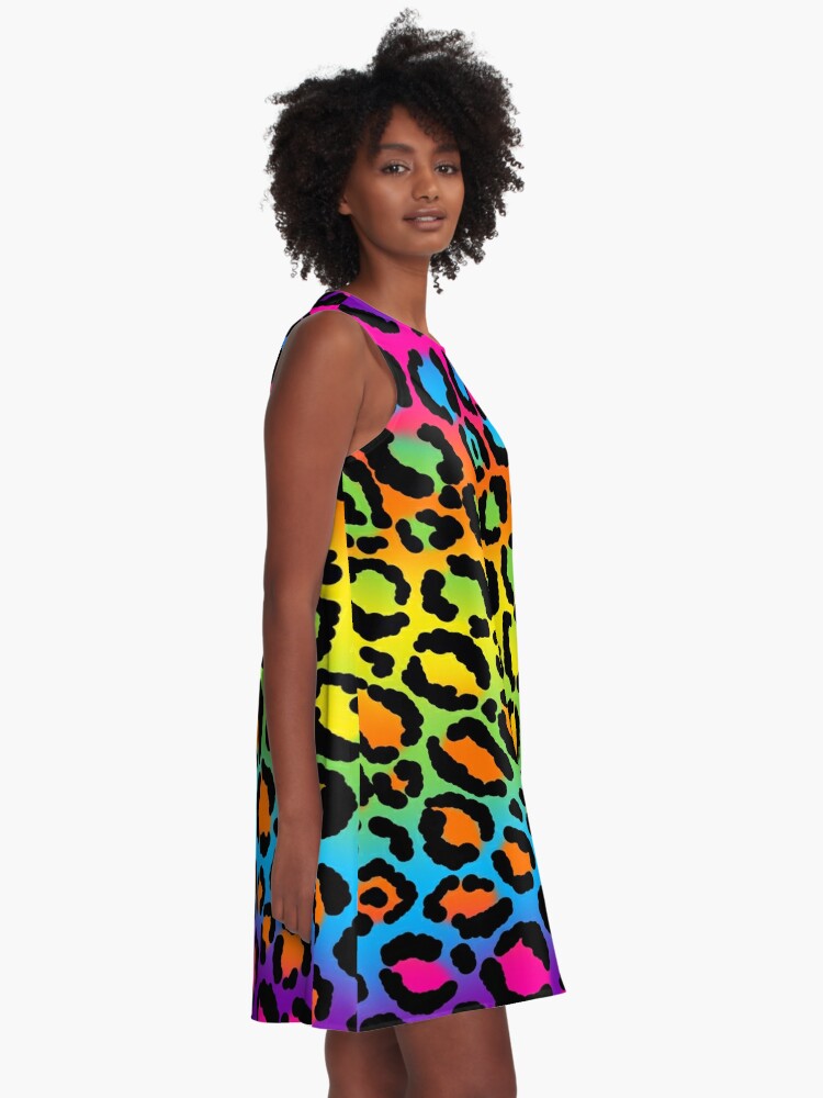 1997 Neon Rainbow Leopard Print  A-Line Dress for Sale by creepygirlclub