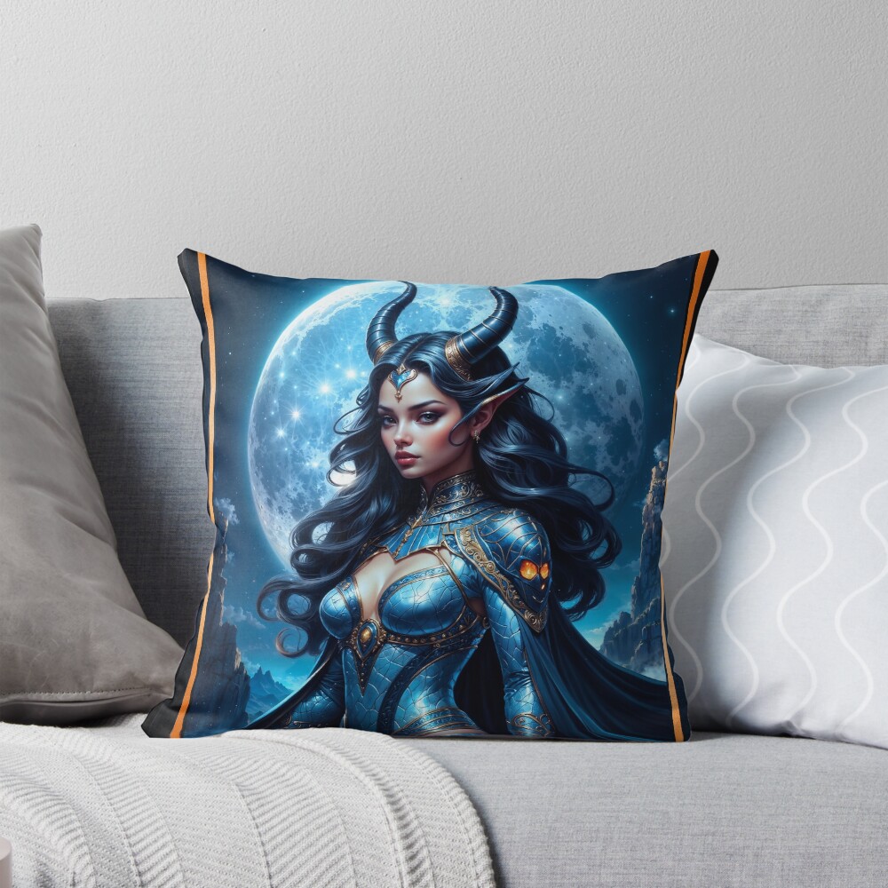 Portrait Of Pyralia, The Moonlit Horned Sentinel Striking AI Concept Art by Xzendor7 Decorative Art Print Throw Pillow