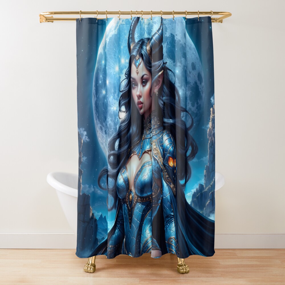 Portrait Of Pyralia, The Moonlit Horned Sentinel Striking AI Concept Art by Xzendor7 Decorative Art Print Shower Curtain
