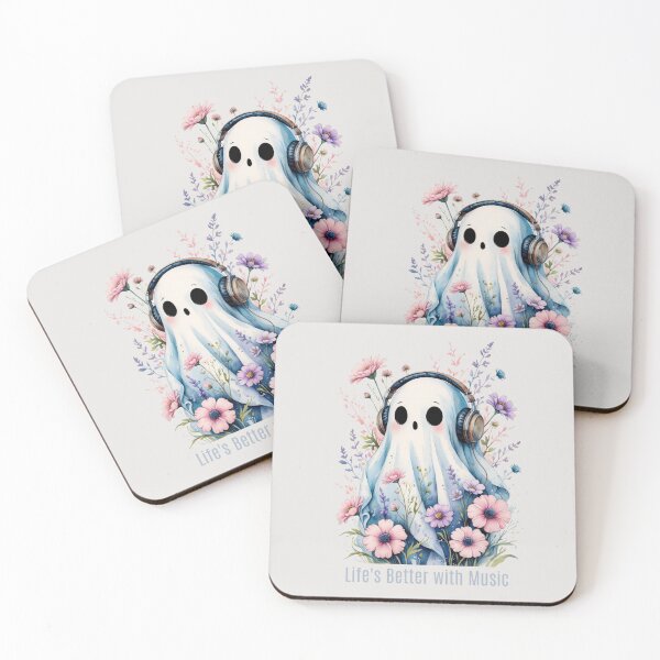 Item preview, Life’s Better with Music, Cute Ghost with Headphones and Flowers, Cute Autumn Floral Halloween Illustration designed and sold by KolorellaS.