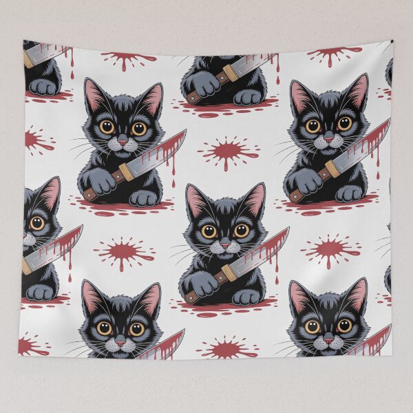 Item preview, Murderous Cat Pattern - Cute Black Cat with Knife and Blood Splatter designed and sold by YourSocialBae.
