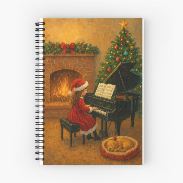 Item preview, Cozy Christmas Fireplace Scene – Girl Playing Piano with Dog and Tree, Festive Holiday Art designed and sold by Tender Flower Clothing.