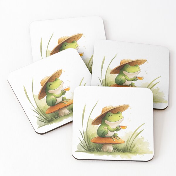 Item preview, Kawaii Frog Sipping Tea in Straw Hat — Woodland Mushroom Aesthetic designed and sold by VikArt7.