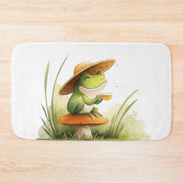 Item preview, Kawaii Frog Sipping Tea in Straw Hat — Woodland Mushroom Aesthetic designed and sold by VikArt7.