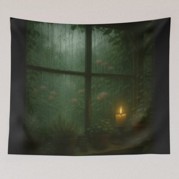 Item preview, Rain on the Greenhouse Glass • Overgrown Herbs & Candlelight Fantasy Window Art designed and sold by fairmaiden7.
