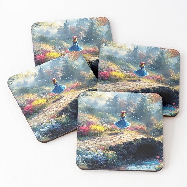 Item preview, Young Girl Walking Across a Bridge in a Cute Forest Village – Whimsical Fantasy Art designed and sold by baggycatsworld.