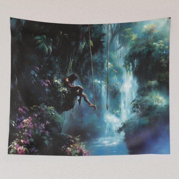 Item preview, Jungle Man Sitting on a Rock in the Jungle – Wild Nature Illustration designed and sold by baggycatsworld.