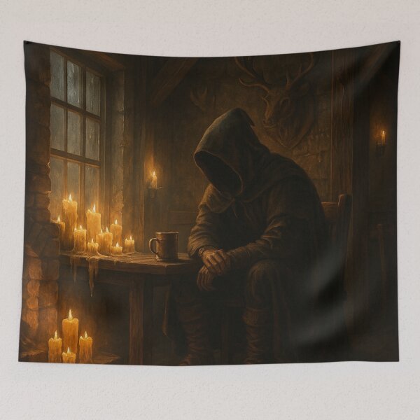 Item preview, Cloaked Wanderer in the Emberlight Tavern – Fantasy Mystery Scene designed and sold by fairmaiden7.