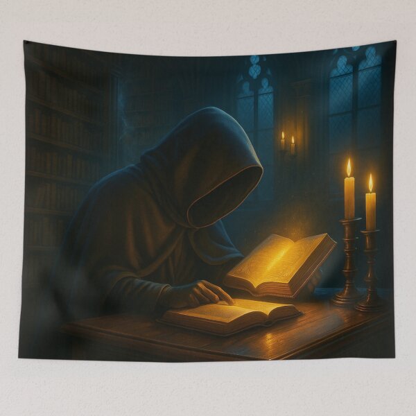 Item preview, The Scholar’s Vigil • Cloaked Monk Reading by Candlelight in the Gilded Scriptorium designed and sold by fairmaiden7.