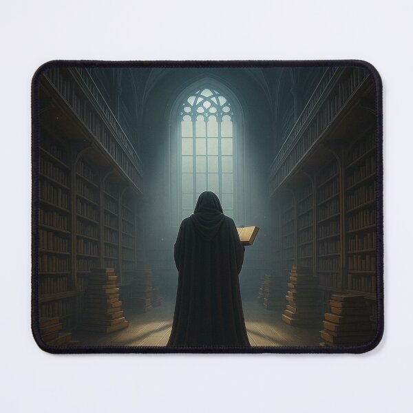 Item preview, The Archivist’s Gaze • Cloaked Figure in Candlelit Gothic Library designed and sold by fairmaiden7.