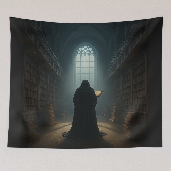 Item preview, The Archivist’s Gaze • Cloaked Figure in Candlelit Gothic Library designed and sold by fairmaiden7.