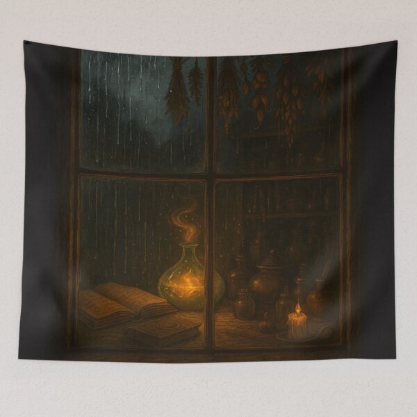 Item preview, Witch’s Workshop Window • Spellcraft Glow Behind Rainy Glass Fantasy Art designed and sold by fairmaiden7.