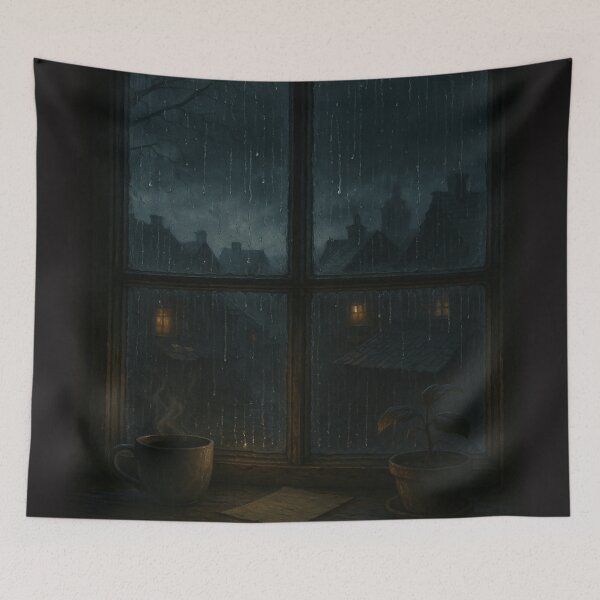 Item preview, Looking Out a Rainy Window • Misty Fantasy Village Scene designed and sold by fairmaiden7.