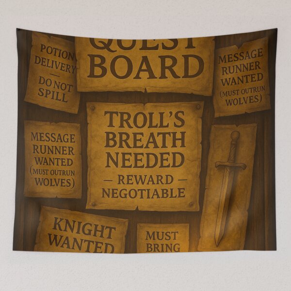 Item preview, “Troll’s Breath Quest Board • Fantasy Troll’s Breath Needed & Odd Jobs Wall Art” designed and sold by fairmaiden7.