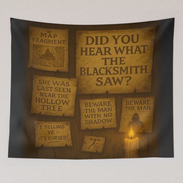 Item preview, Tavern Gossip Wall • Rumor Board • “Beware The Man With No Shadow” Fantasy Art designed and sold by fairmaiden7.