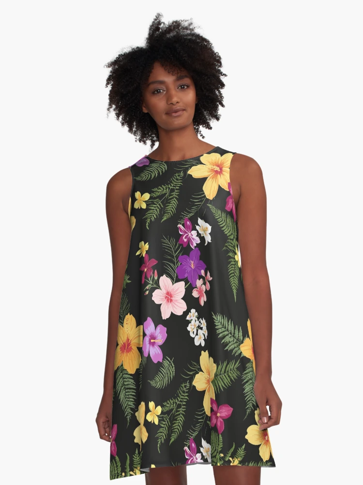 Tropical Hibiscus Floral A-Line Dress