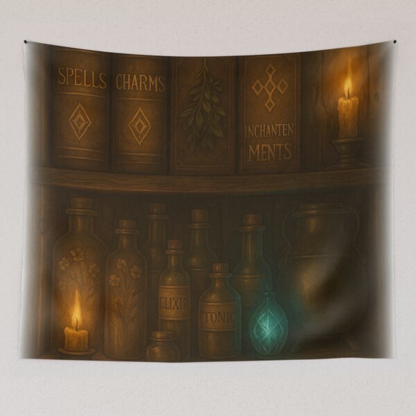 Item preview, “The Alchemist’s Cabinet – Antique Apothecary Shelves with Glowing Vials & Arcane Secrets” designed and sold by fairmaiden7.